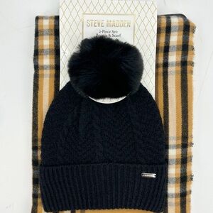 Steve Madden Beanie & Scarf Set | Black Pom Beanie + Plaid Scarf NWT